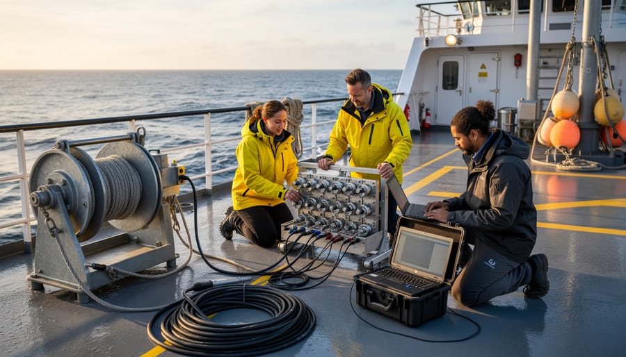 Marine researchers on a boat lowering a hydrophone toward the ocean for acoustic monitoring