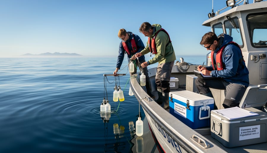 Marine conservation researchers collecting samples from a small boat over clear coastal water