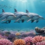Underwater scene of dolphins swimming in a pod near a colorful coral reef, with a sea otter raft and fish schools in the background, suggesting complex marine social behavior.