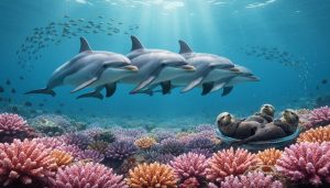 Underwater scene of dolphins swimming in a pod near a colorful coral reef, with a sea otter raft and fish schools in the background, suggesting complex marine social behavior.