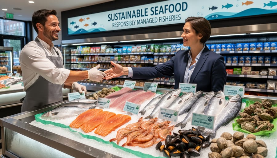 Vendor handing a wrapped seafood package to a customer at a market stall