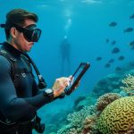 Marine conservation scientist near a coral reef underwater, holding a waterproof tablet while fish and a diver appear in the background.