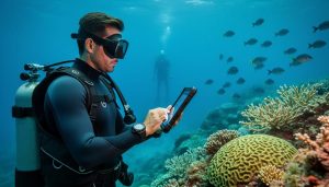 Marine conservation scientist near a coral reef underwater, holding a waterproof tablet while fish and a diver appear in the background.