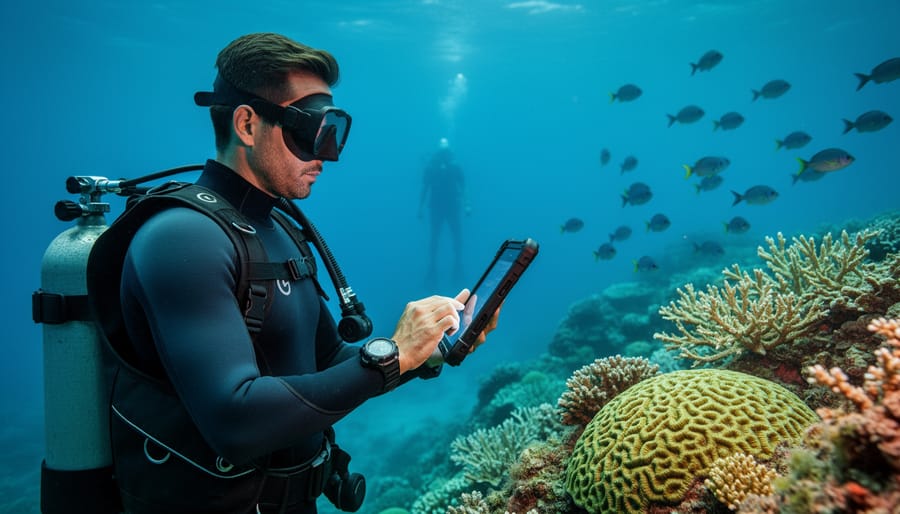 Marine conservation scientist near a coral reef underwater, holding a waterproof tablet while fish and a diver appear in the background.