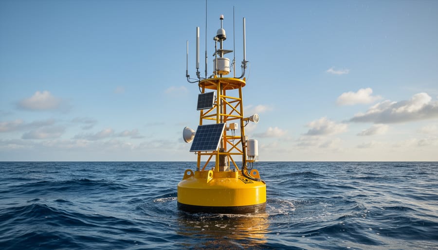 A sensor-equipped ocean monitoring buoy moored on the sea with wave action in the background