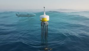 A surface ocean buoy with sensor cables and a nearby autonomous underwater vehicle monitoring the water in clear blue ocean conditions.