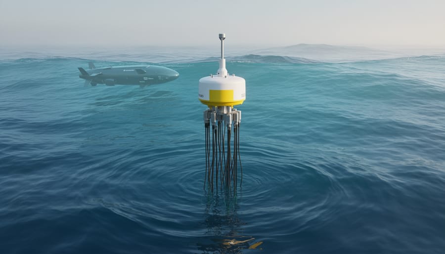 A surface ocean buoy with sensor cables and a nearby autonomous underwater vehicle monitoring the water in clear blue ocean conditions.