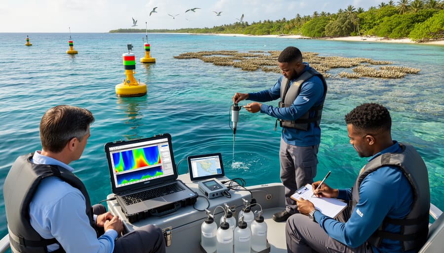 Research team handling an ocean monitoring device on a dock with calm water in the background
