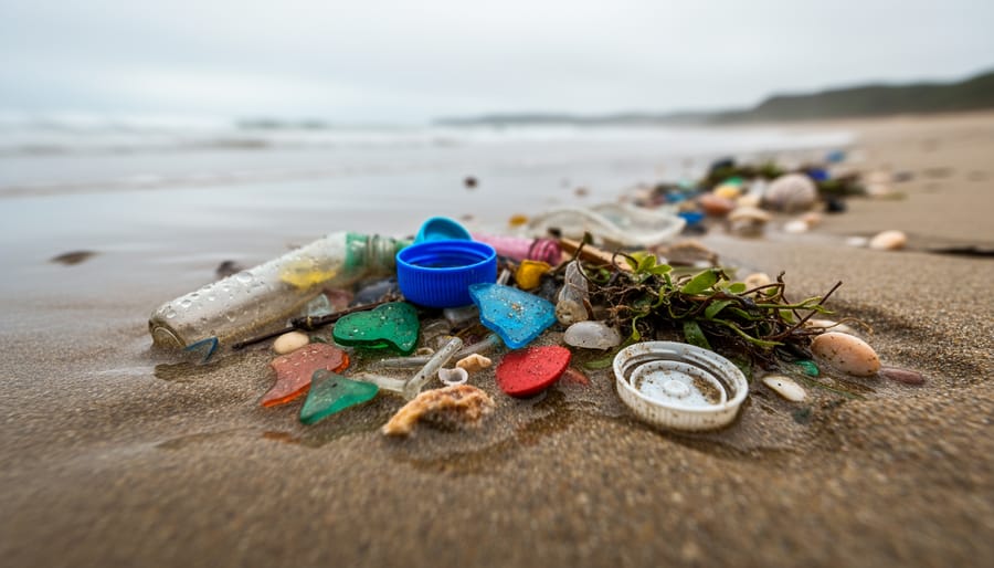 Plastic debris caught in wet sand along a beach shoreline at dusk