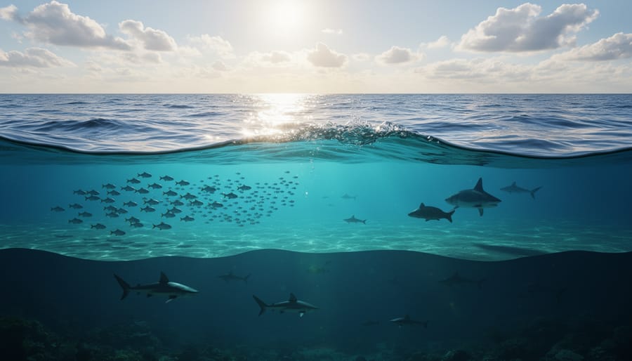 View from the sea looking toward a sunlit ocean surface fading into darker deeper water.