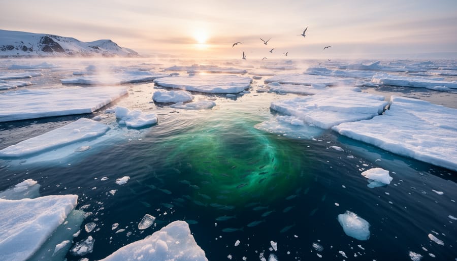 Boat near sea ice with open water and birds in a cold polar ocean setting.