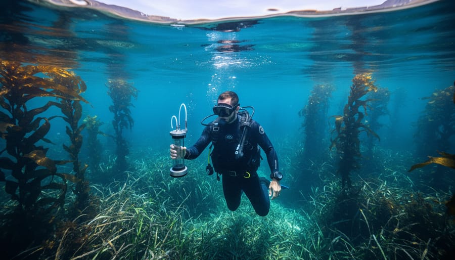 A marine conservation researcher sampling seawater near healthy kelp and seagrass in a blue ocean environment.