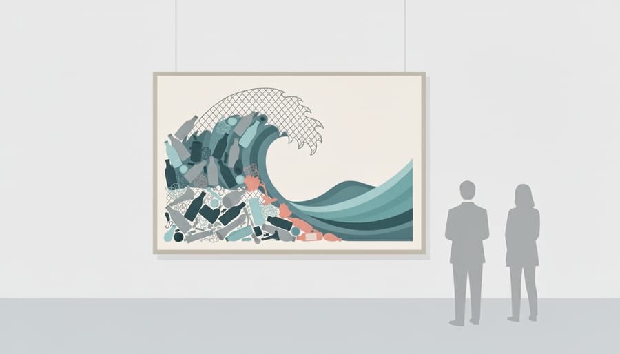A reclaimed-plastic ocean wave sculpture displayed in a gallery with hands near a donation area.