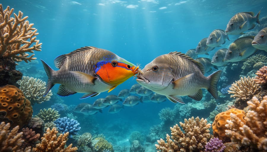 Cleaner fish interacting at a coral cleaning station with a larger reef fish nearby