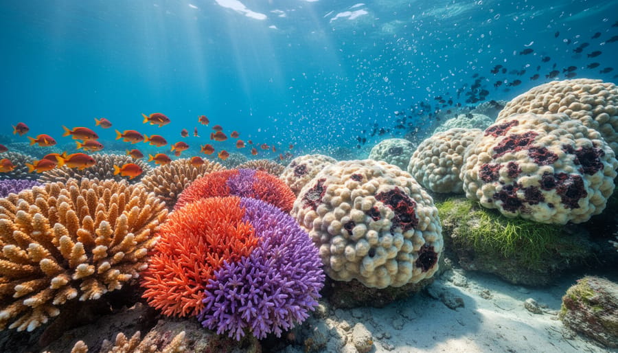 Reef scene showing healthy and stressed coral areas at the ocean surface.