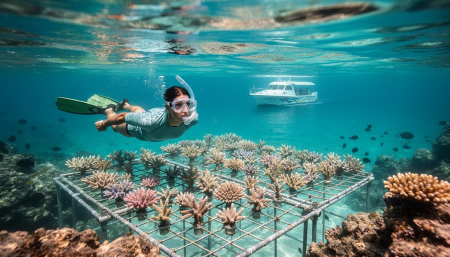Snorkeler hovering above a coral restoration site with outplanted coral fragments, with an eco-tour boat anchored in the background.
