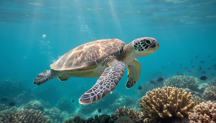 A sea turtle rests on wet sand near the ocean during golden hour.