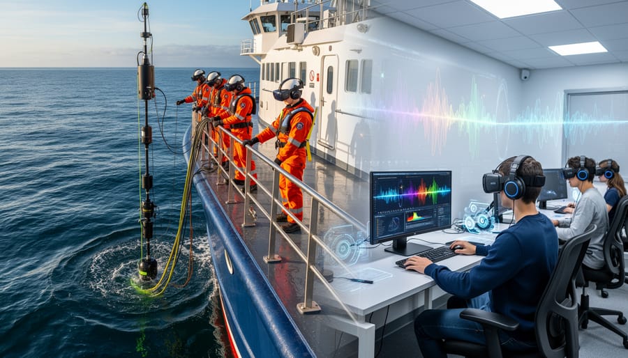 Research boat at sunrise with equipment deployed in calm ocean waters