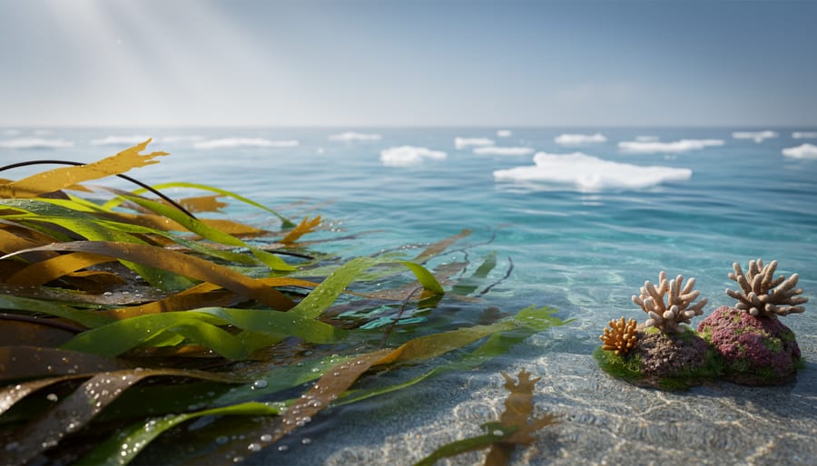 Sunlit kelp forest along a coastal reef area, showing storm-touched but recovering marine life in clear blue water.