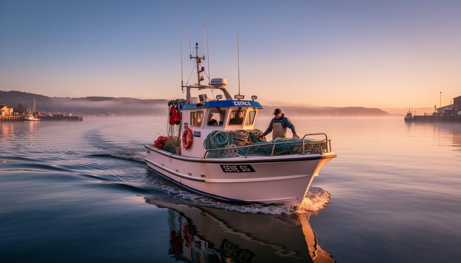 Small fishing boat crew handling a catch bin on deck near shore at sunrise