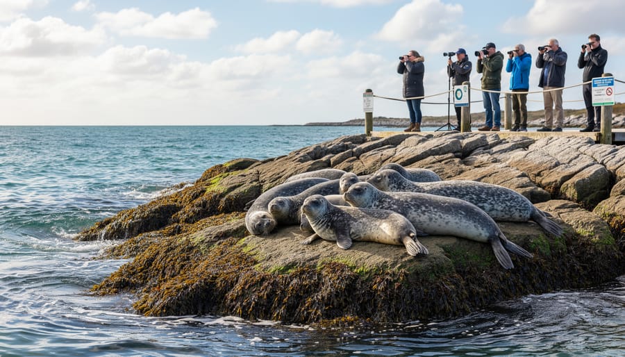 Harbor seals resting on rocks with people standing at a distance nearby for observation