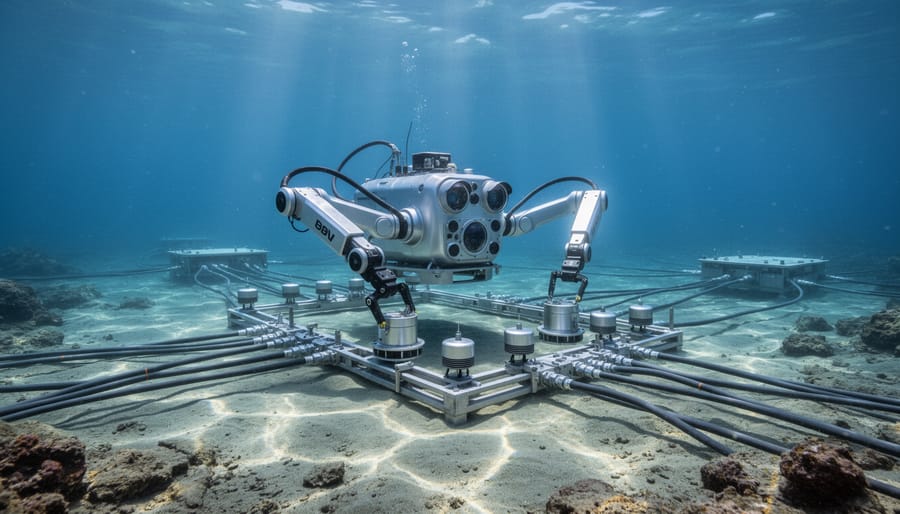 An ROV operating near the seafloor next to ocean monitoring equipment and cables
