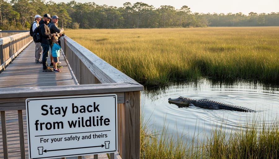 Person standing on a boardwalk at a safe distance while an American alligator is visible in wetland water