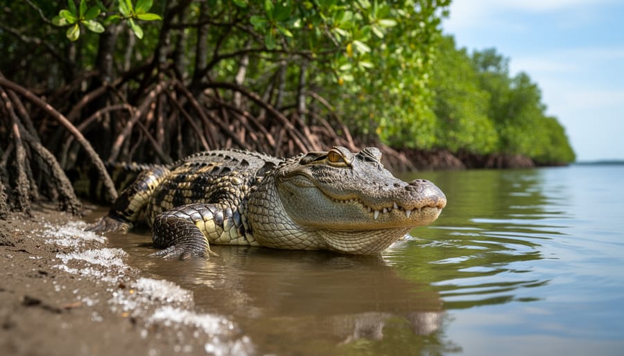 Saltwater crocodile near mangrove roots with mouth slightly open and teeth visible.