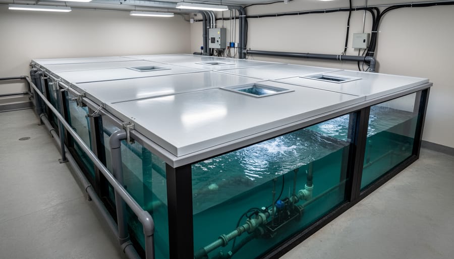 Wide view of a saltwater aquarium in a marine conservation facility with a fitted custom acrylic canopy lid on top of the tank