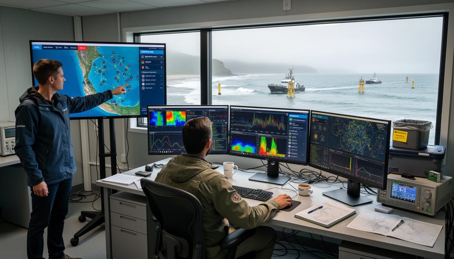 Marine scientist at a coastal monitoring station handling rugged ocean sensor equipment