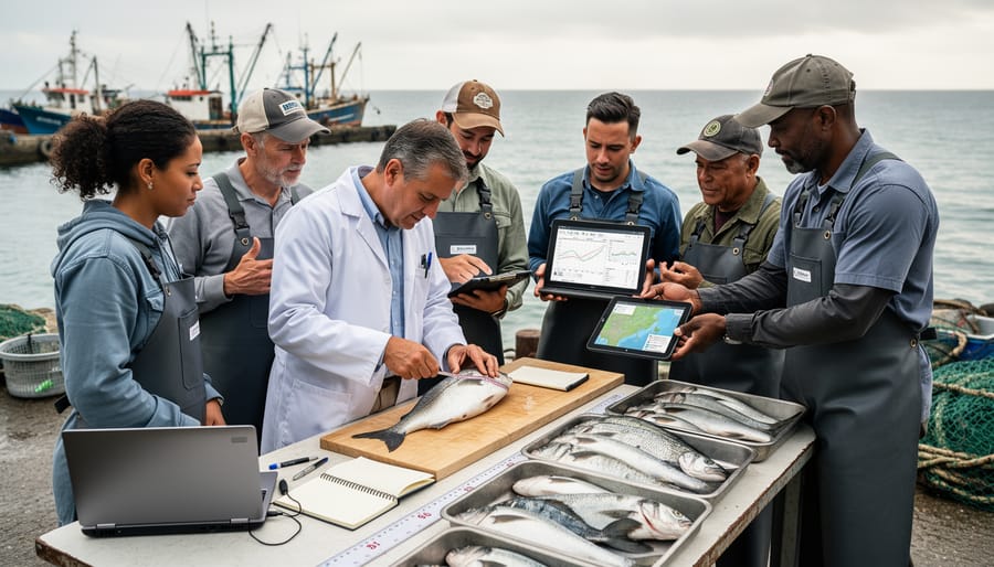 Marine scientists and fishers on a dock examining fish sampling gear and a sampling crate