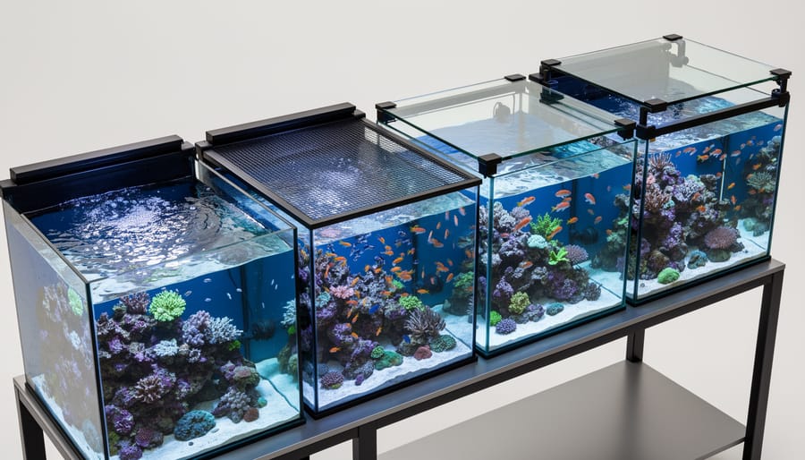 Front view of marine aquarium lids showing a screen/mesh top and a hybrid solid-mesh canopy on neighboring tanks