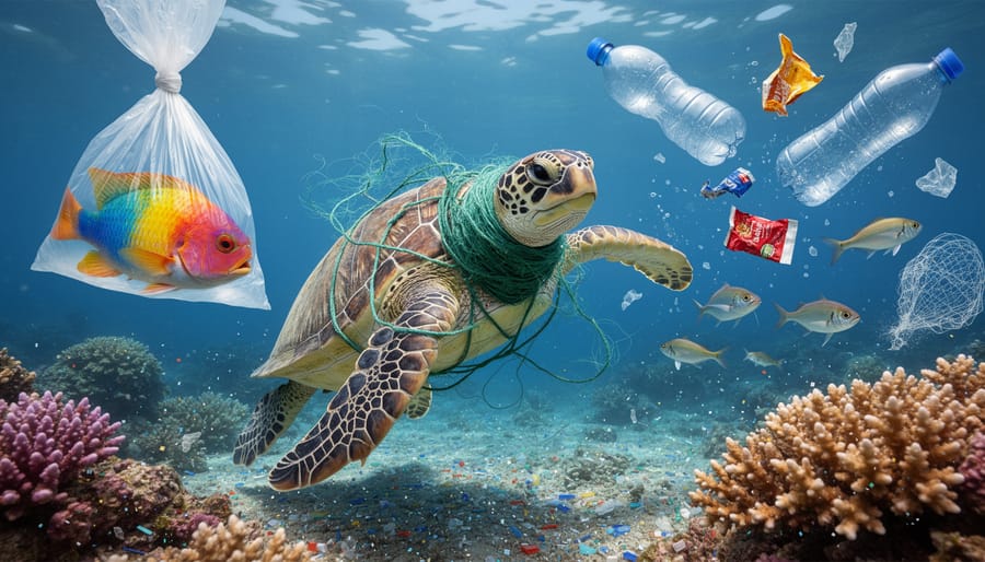 Sea turtle swimming with drifting fishing line in the surrounding water