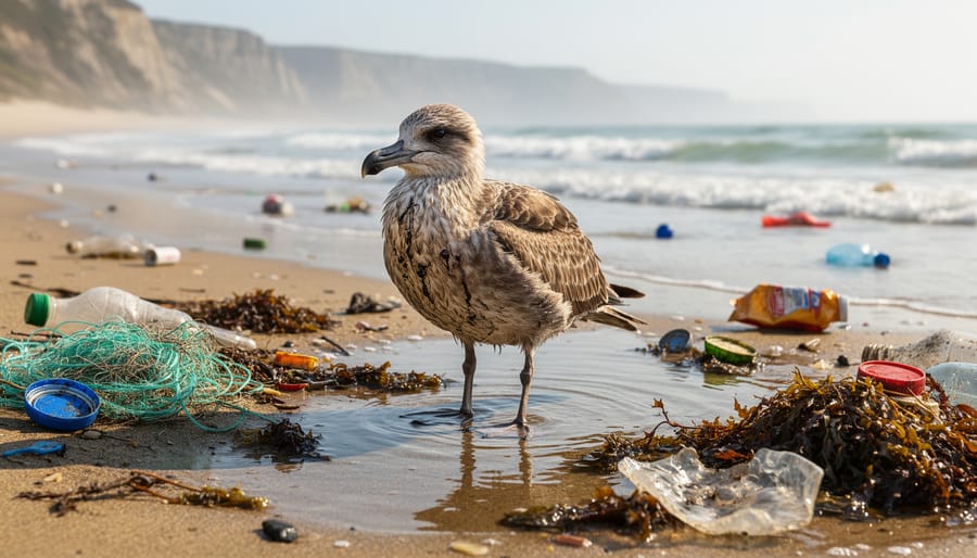 Close-up of a seabird with plastic debris near its beak in front of a blurred ocean background.