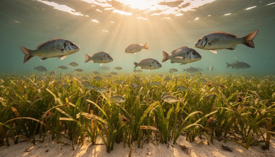 Clear view of seagrass underwater with coastal shoreline in the background