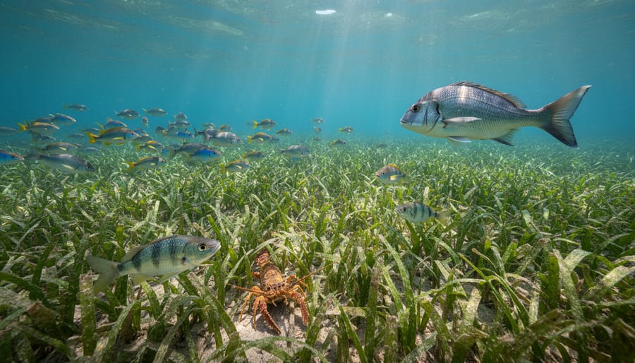 Underwater seagrass meadow with rays of sunlight and sea turtles swimming among schooling fish