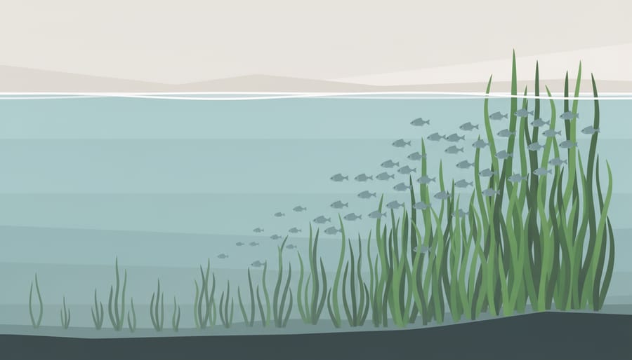 Underwater close-up of seagrass blades with small marine life