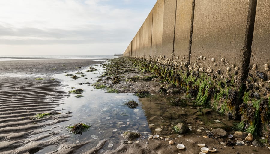 Low-tide shoreline hardened with a concrete seawall and scattered rocky tide pools