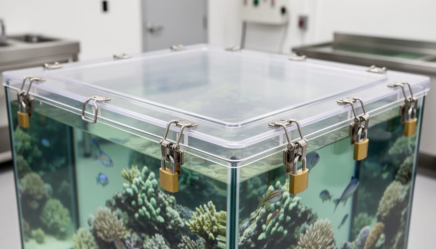 Low-angle view into a marine aquarium showing a custom secured lid covering the tank opening