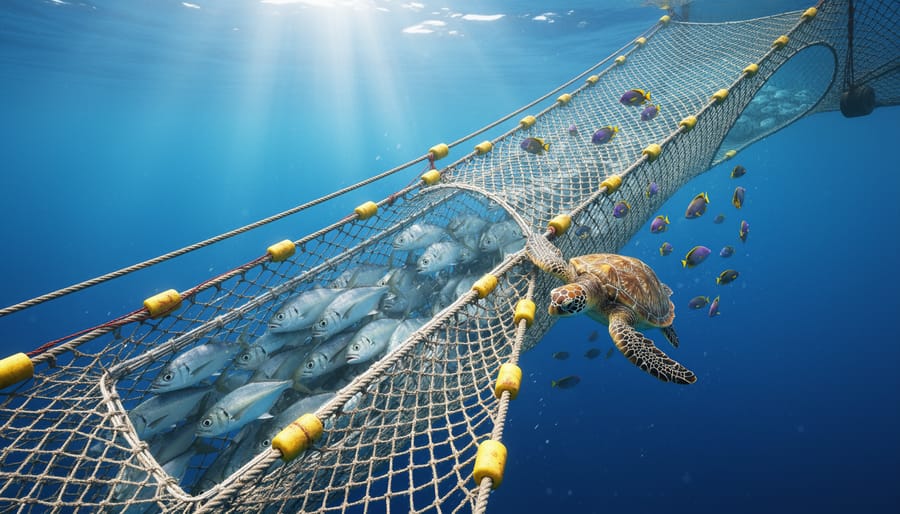 Selective fishing gear emerging from water with small fish escaping through openings