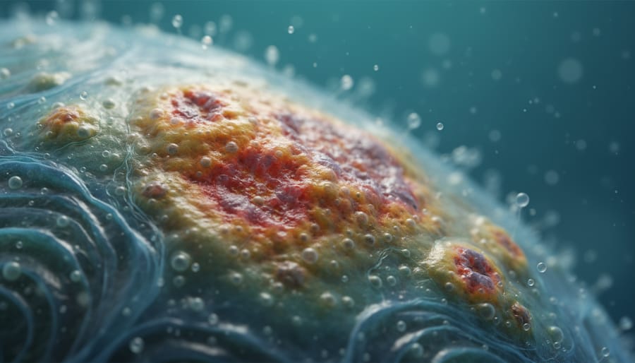 Macro close-up of shellfish surface texture in seawater, representing marine organism health and disease susceptibility.