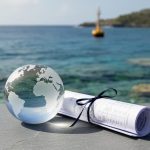 Coastal ocean horizon with coral-like textures and subtle financial documents and globe elements representing sovereign blue bonds and debt-for-nature swaps for marine conservation.