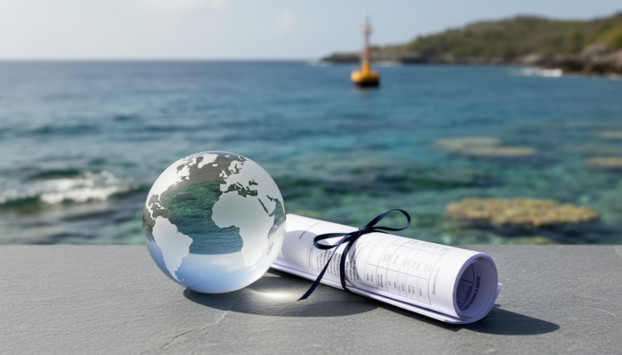 Coastal ocean horizon with coral-like textures and subtle financial documents and globe elements representing sovereign blue bonds and debt-for-nature swaps for marine conservation.