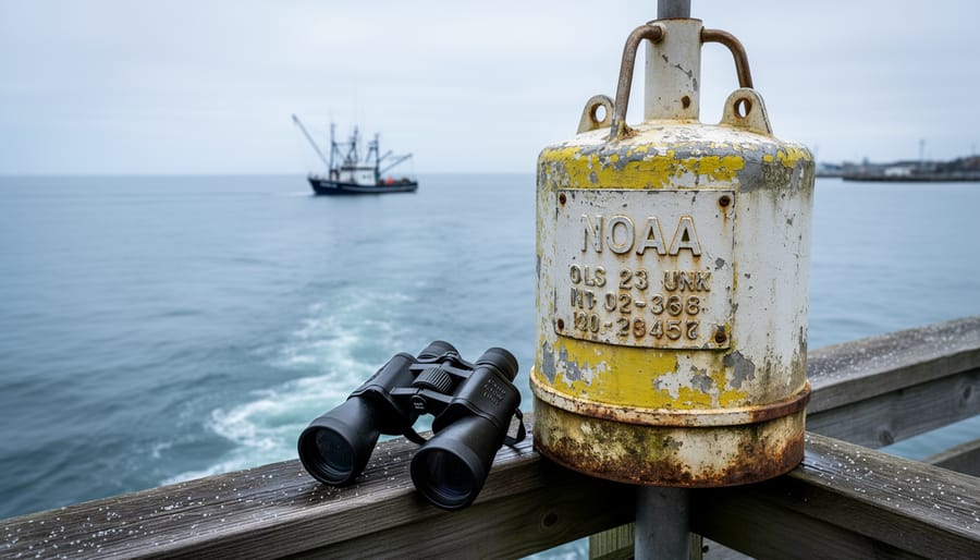 Research buoy and coastal monitoring equipment on a dock with ocean waves and a distant fishing vessel under daylight.