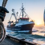 Sunrise view of a commercial fishing trawler returning to port, with a fisher’s hands holding rope and a silver fish in the foreground.