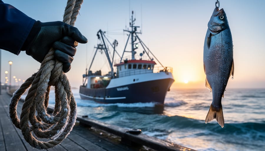 Sunrise view of a commercial fishing trawler returning to port, with a fisher’s hands holding rope and a silver fish in the foreground.