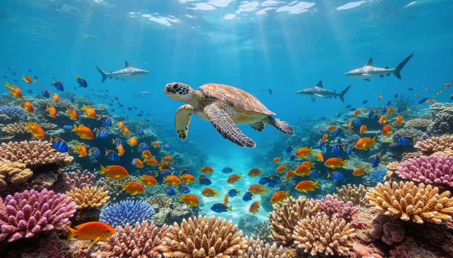 Healthy coral reef with branching coral and small fish in clear tropical water.