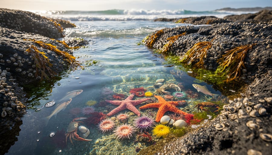 Scuba diver’s hand hovering over a rocky tidepool with mussels and sea grass in clear blue water