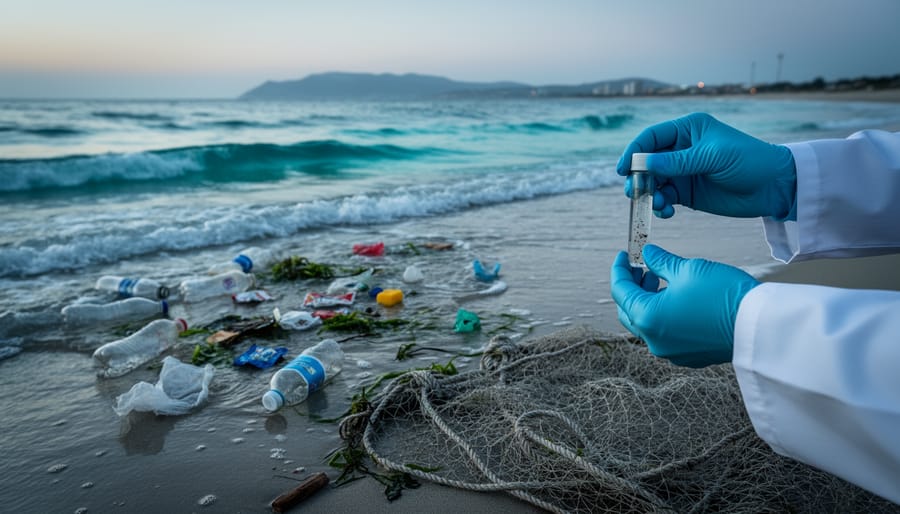 A marine scientist collecting a small plastic sample vial on a shoreline with floating plastic debris in the ocean during twilight.