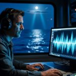 Marine bioacoustician wearing headphones in a dark control room with an abstract glowing audio waveform on a monitor, overlooking a moonlit ocean through a window.
